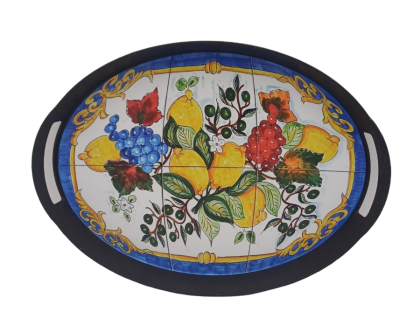 Tava servire Partenope, Oval, Cu manere, oval, plastic negru mat cu imprimeu traditional napolitan, 31x22x3cm,