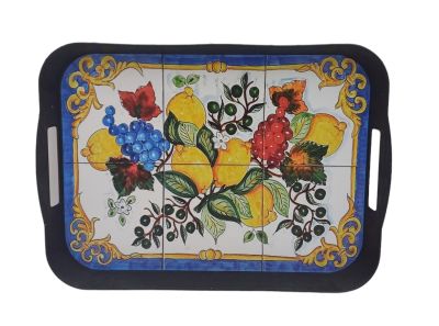 Tava servire Partenope, Oval, Cu manere, dreptunghiular, plastic negru mat cu imprimeu traditional napolitan, 31x22x3cm,