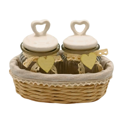 Set de 2 borcane de sticla cu capac ceramic, cos din fibre naturale cu bordura, stil shabby chic, 300 ml